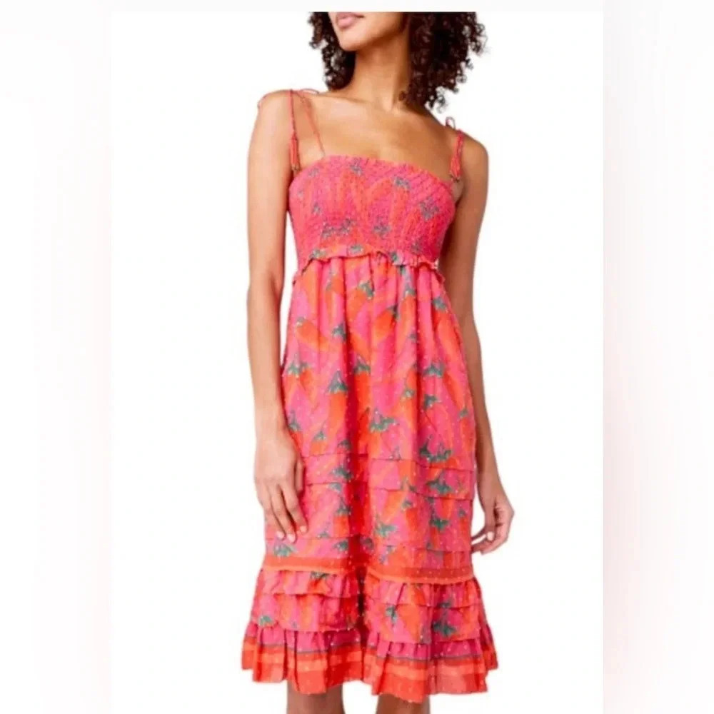 Farm Rio Red Pepper Smocked Tie Ruffle Hem Beaded Strap Dress Red Xsmall